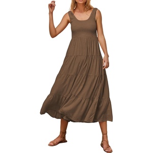 image:imageRVivimos Womens Summer Linen Tank Midi Dress 2026 Sleeveless Elastic Smocked ALine Tiered Boho Casual Flowy Beach SundressBrown2