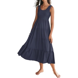 image:imageRVivimos Womens Summer Linen Tank Midi Dress 2026 Sleeveless Elastic Smocked ALine Tiered Boho Casual Flowy Beach SundressNavyblue2