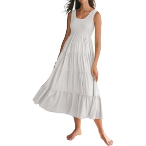 image:imageRVivimos Womens Summer Linen Tank Midi Dress 2026 Sleeveless Elastic Smocked ALine Tiered Boho Casual Flowy Beach SundressWhite2