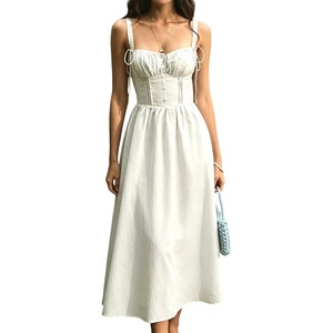 image:imageRVivimos Womens Summer Midi Milkmaid Dress Sleeveless Square Neck Button Up Cottagecore ALine Flowy Long Sun DressWhite