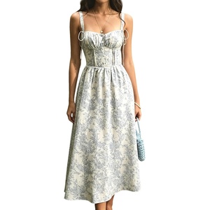 image:imageRVivimos Womens Summer Midi Milkmaid Dress Sleeveless Square Neck Button Up Cottagecore ALine Flowy Long Sun DressWhite Blue