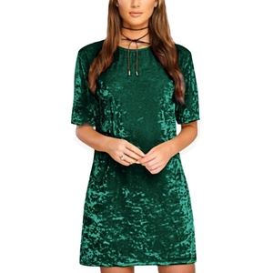 image:imageRVivimos Womens Summer Short Sleeve Crushed Velvet Mini Short DressesDark Green