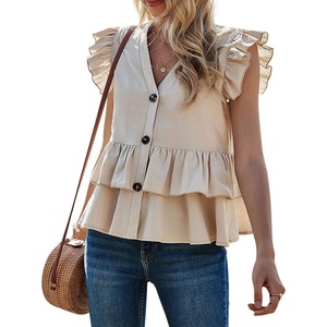 image:imageRVivimos Womens Summer Sleeveless V Neck Button Up Ruffles Cotton Blouse TopsKhaki