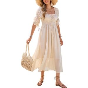 image:imageRVivimos Womens Summer Square Neck Midi Dress 2026 Casual Puff Half Sleeve Elastic Empire Waist Boho Flowy Long DressesBeige