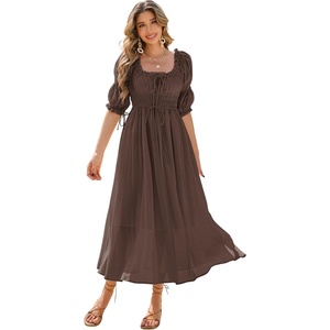 image:imageRVivimos Womens Summer Square Neck Midi Dress 2026 Casual Puff Half Sleeve Elastic Empire Waist Boho Flowy Long DressesBrown
