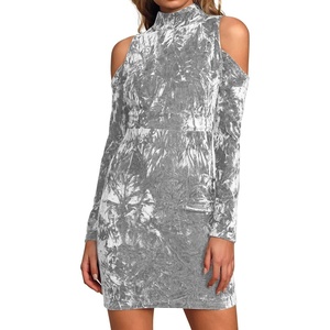 image:imageRVivimos Womens Winter Crushed Velvet Long Sleeves Cold Shoulder High Neck Bodycon Mini DressSilver