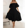 image:imageRVivimos OffShoulder Dresses for Women Summer Puff Sleeve Empire Waist Casual Ruffle ALine Flowy Midi Dress with BeltBlack
