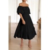 image:imageRVivimos OffShoulder Dresses for Women Summer Puff Sleeve Empire Waist Casual Ruffle ALine Flowy Midi Dress with BeltBlack