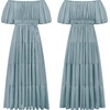 image:imageRVivimos OffShoulder Dresses for Women Summer Puff Sleeve Empire Waist Casual Ruffle ALine Flowy Midi Dress with BeltDusty Blue