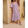 image:imageRVivimos OffShoulder Dresses for Women Summer Puff Sleeve Empire Waist Casual Ruffle ALine Flowy Midi Dress with BeltDusty Purple