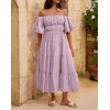 image:imageRVivimos OffShoulder Dresses for Women Summer Puff Sleeve Empire Waist Casual Ruffle ALine Flowy Midi Dress with BeltDusty Purple