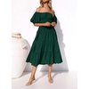 image:imageRVivimos OffShoulder Dresses for Women Summer Puff Sleeve Empire Waist Casual Ruffle ALine Flowy Midi Dress with BeltEmeraldgreen