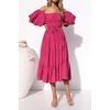 image:imageRVivimos OffShoulder Dresses for Women Summer Puff Sleeve Empire Waist Casual Ruffle ALine Flowy Midi Dress with BeltFuchsia