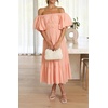 image:imageRVivimos OffShoulder Dresses for Women Summer Puff Sleeve Empire Waist Casual Ruffle ALine Flowy Midi Dress with BeltPeach
