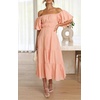 image:imageRVivimos OffShoulder Dresses for Women Summer Puff Sleeve Empire Waist Casual Ruffle ALine Flowy Midi Dress with BeltPeach