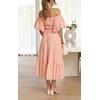 image:imageRVivimos OffShoulder Dresses for Women Summer Puff Sleeve Empire Waist Casual Ruffle ALine Flowy Midi Dress with BeltPeach