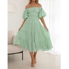 image:imageRVivimos OffShoulder Dresses for Women Summer Puff Sleeve Empire Waist Casual Ruffle ALine Flowy Midi Dress with BeltSage Green