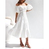image:imageRVivimos OffShoulder Dresses for Women Summer Puff Sleeve Empire Waist Casual Ruffle ALine Flowy Midi Dress with BeltWhite