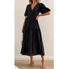 image:imageRVivimos Summer Dresses for Women Puff Sleeve Deep V Neck Elastic Waist Casual A Line Tiered Flowy Midi DressBlack