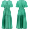 image:imageRVivimos Summer Dresses for Women Puff Sleeve Deep V Neck Elastic Waist Casual A Line Tiered Flowy Midi DressGreen