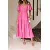 image:imageRVivimos Summer Dresses for Women Puff Sleeve Deep V Neck Elastic Waist Casual A Line Tiered Flowy Midi DressHotpink