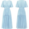 image:imageRVivimos Summer Dresses for Women Puff Sleeve Deep V Neck Elastic Waist Casual A Line Tiered Flowy Midi DressSkyblue