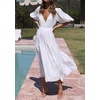 image:imageRVivimos Summer Dresses for Women Puff Sleeve Deep V Neck Elastic Waist Casual A Line Tiered Flowy Midi DressWhite