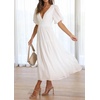 image:imageRVivimos Summer Dresses for Women Puff Sleeve Deep V Neck Elastic Waist Casual A Line Tiered Flowy Midi DressWhite