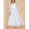 image:imageRVivimos Women Maxi Dress Tulle Long Sleeve V Neck Floral Embroidery Backless Casual Flowy ALine DressBlue