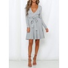 image:imageRVivimos Womens Autumn Long Sleeve V Neck Elegant Knitted Slim KneeLength ALine Sweater DressGrey