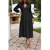 image:imageRVivimos Womens Casual Long Sleeve Midi Dress Deep V Neck Elastic Waist ALine Tiered Flowy Elegant DressesBlack