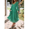 image:imageRVivimos Womens Casual Long Sleeve Midi Dress Deep V Neck Elastic Waist ALine Tiered Flowy Elegant DressesDarkgreen