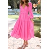 image:imageRVivimos Womens Casual Long Sleeve Midi Dress Deep V Neck Elastic Waist ALine Tiered Flowy Elegant DressesHotpink