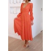 image:imageRVivimos Womens Casual Long Sleeve Midi Dress Deep V Neck Elastic Waist ALine Tiered Flowy Elegant DressesOrange