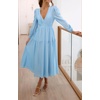 image:imageRVivimos Womens Casual Long Sleeve Midi Dress Deep V Neck Elastic Waist ALine Tiered Flowy Elegant DressesSkyblue