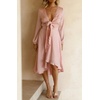 image:imageRVivimos Womens Cocktail Party Satin Dress Sexy Deep VNeck Long Sleeve Tie Waist High Low Midi DressPink