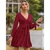 image:imageRVivimos Womens Cotton Fall Long Sleeves V Neck Tie Waist Casual Layered Ruffles Mini Swing DressesBurgundy