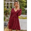 image:imageRVivimos Womens Cotton Fall Long Sleeves V Neck Tie Waist Casual Layered Ruffles Mini Swing DressesBurgundy