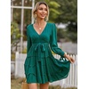 image:imageRVivimos Womens Cotton Fall Long Sleeves V Neck Tie Waist Casual Layered Ruffles Mini Swing DressesDarkgreen
