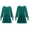 image:imageRVivimos Womens Cotton Fall Long Sleeves V Neck Tie Waist Casual Layered Ruffles Mini Swing DressesDarkgreen