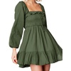 image:imageRVivimos Womens Cotton Long Sleeve Square Neck Ruffle Smocked Plaid Swing Mini DressArmygreenlongsleeve