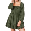image:imageRVivimos Womens Cotton Long Sleeve Square Neck Ruffle Smocked Plaid Swing Mini DressArmygreenlongsleeve