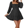 image:imageRVivimos Womens Cotton Long Sleeve Square Neck Ruffle Smocked Plaid Swing Mini DressBlacklongsleeve