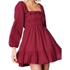 image:imageRVivimos Womens Cotton Long Sleeve Square Neck Ruffle Smocked Plaid Swing Mini DressBurgundylongsleeve