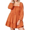 image:imageRVivimos Womens Cotton Long Sleeve Square Neck Ruffle Smocked Plaid Swing Mini DressOrangelongsleeve
