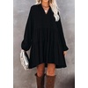 image:imageRVivimos Womens Fall Cotton Long Sleeve Casual Loose VNeck Swing Tunic Mini DressBlack