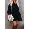 image:imageRVivimos Womens Fall Cotton Long Sleeve Casual Loose VNeck Swing Tunic Mini DressBlack