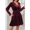 image:imageRVivimos Womens Fall Velvet Mini Dress V Neck Long Sleeve Elastic Waist Winter Tiered Flowy Swing ALine Dress with PocketsBurgundy