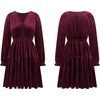 image:imageRVivimos Womens Fall Velvet Mini Dress V Neck Long Sleeve Elastic Waist Winter Tiered Flowy Swing ALine Dress with PocketsBurgundy