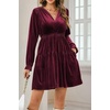 image:imageRVivimos Womens Fall Velvet Mini Dress V Neck Long Sleeve Elastic Waist Winter Tiered Flowy Swing ALine Dress with PocketsBurgundy